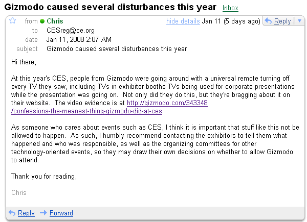 The email I sent to CES at 2:07AM on January 11, 2007